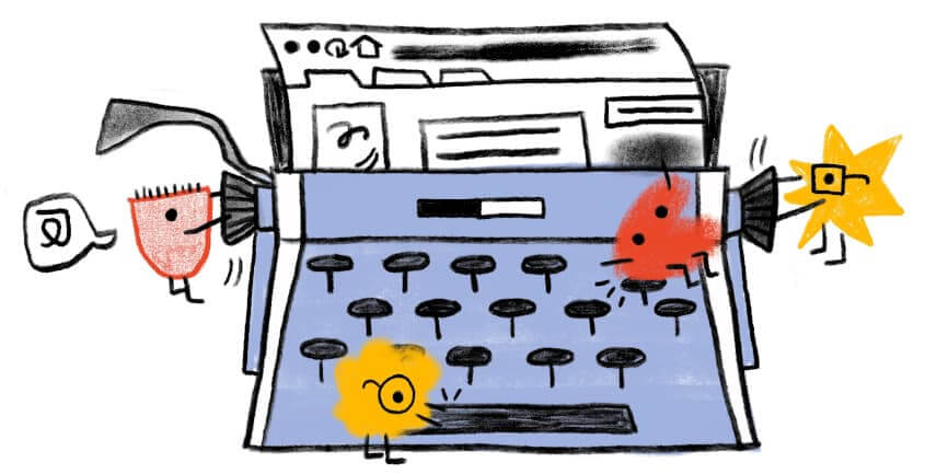 Webページを作成するタイプライターに乗ったWeb Almanacのキャラクターたちのヒーローイメージ。