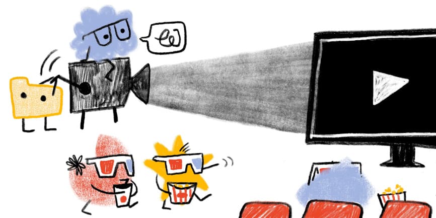 Web Almanacのキャラクターたちが画面に映像を投影し、他のWeb Almanacキャラクターたちがポップコーンを持ってシネマの席に向かう様子を描いたヒーロー画像。